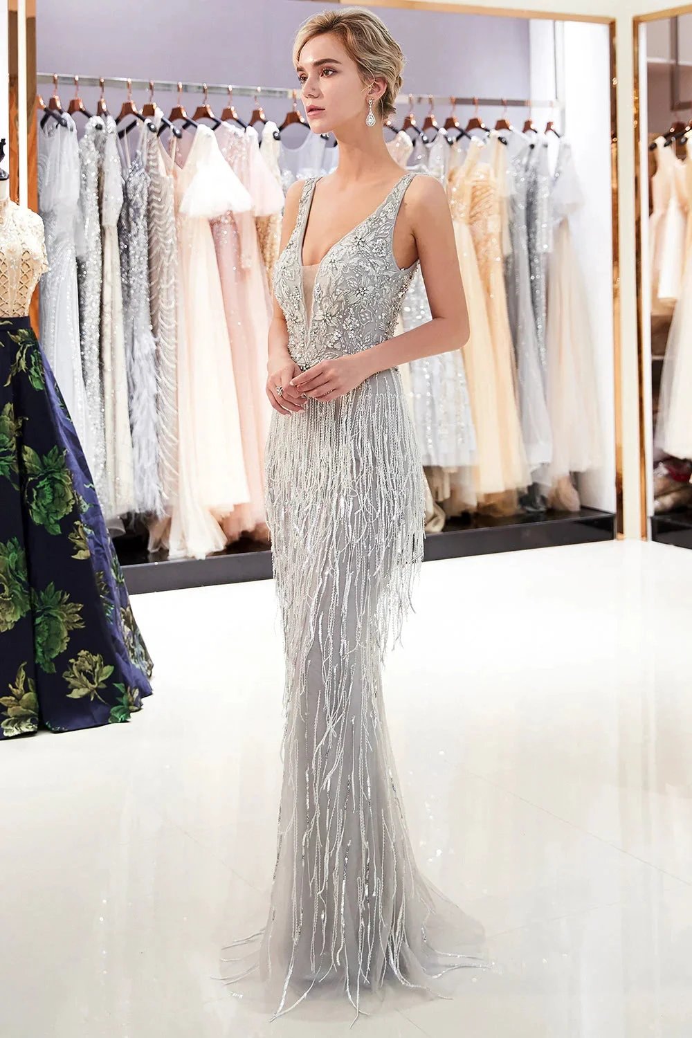 Latest Long Mermaid V neck Beading Fringe Tulle Evening Dress by BIZTUNNEL