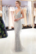 Latest Long Mermaid V neck Beading Fringe Tulle Evening Dress by BIZTUNNEL