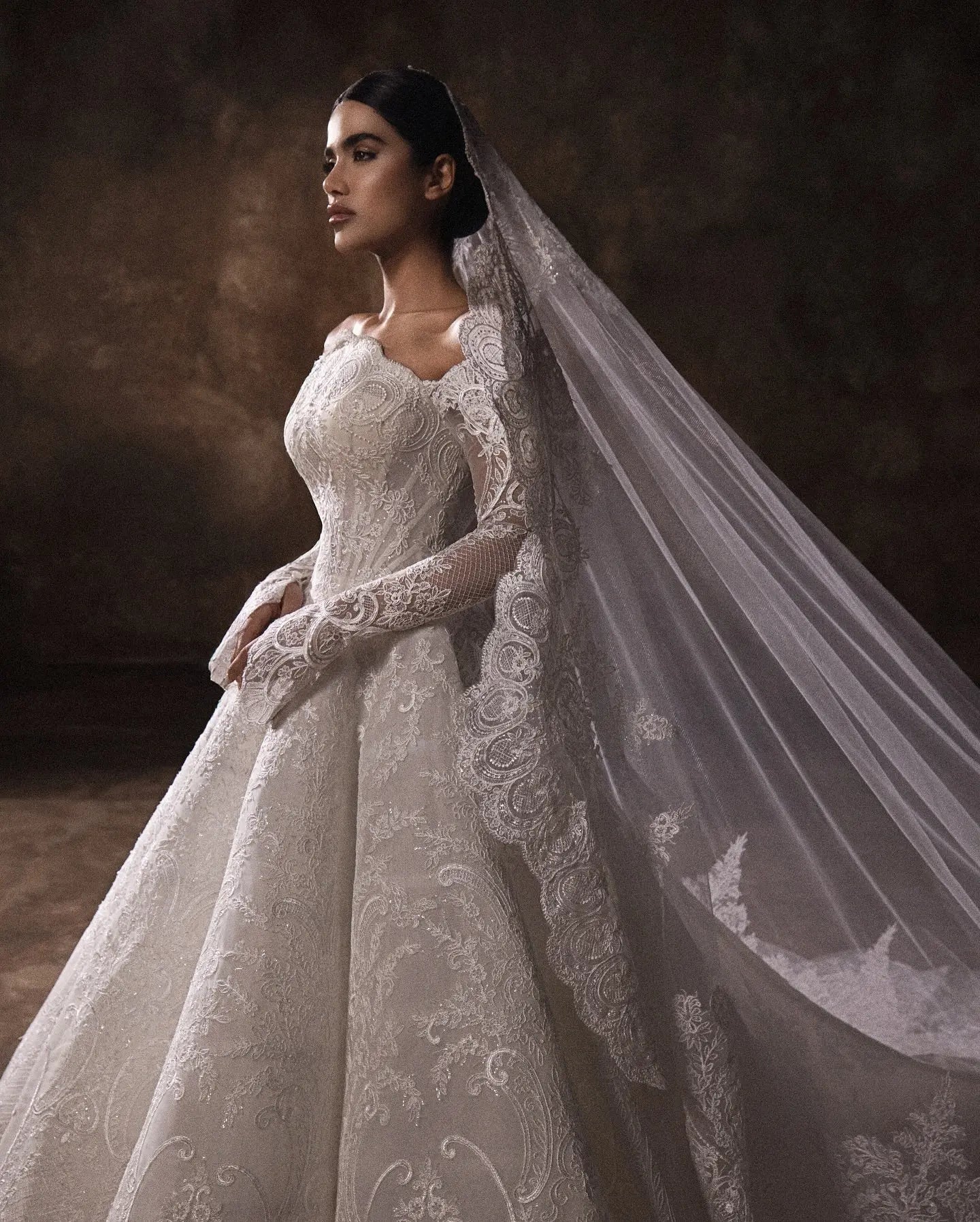 Luxury White Lace Long Sleeve Fitted Train Wedding Dress with Veil SW524