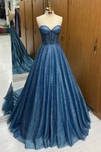Leon | Navy Blue Sequin Beaded Sweetheart A-Line Long Prom Dress by KissProm
