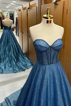 Leon | Navy Blue Sequin Beaded Sweetheart A-Line Long Prom Dress by KissProm
