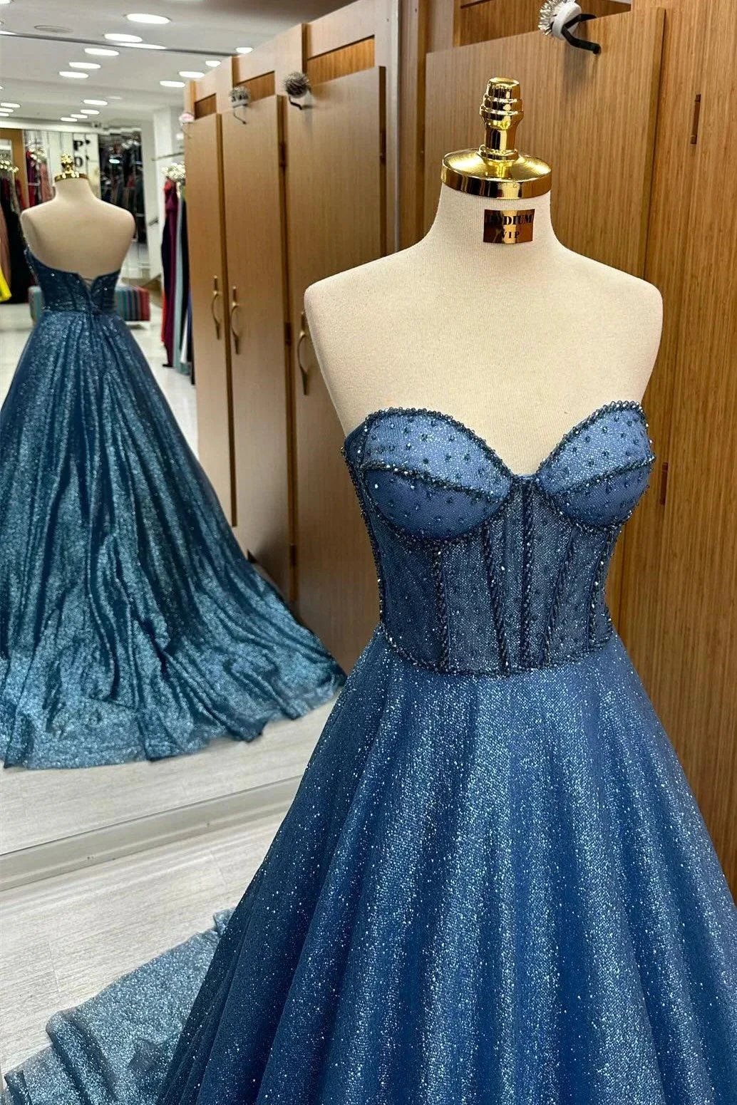 Leon | Navy Blue Sequin Beaded Sweetheart A-Line Long Prom Dress by KissProm