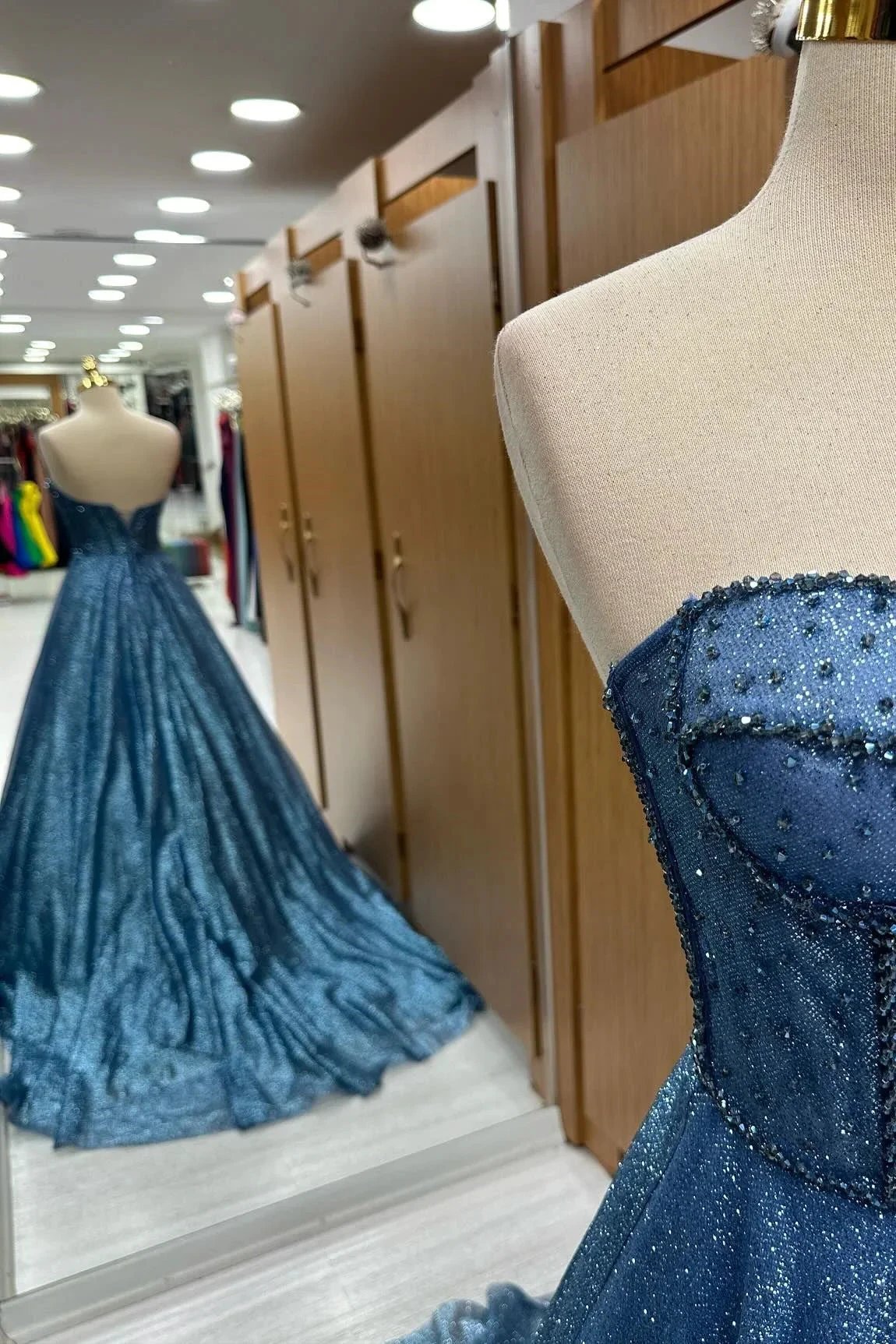 Leon | Navy Blue Sequin Beaded Sweetheart A-Line Long Prom Dress by KissProm