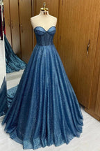 Leon | Navy Blue Sequin Beaded Sweetheart A-Line Long Prom Dress by KissProm