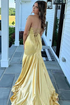 Leroy | Mermaid Yellow V-Neck Metallic Long Prom Dresses with Slit by KissProm
