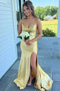 Leroy | Mermaid Yellow V-Neck Metallic Long Prom Dresses with Slit by KissProm