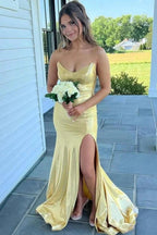 Leroy | Mermaid Yellow V-Neck Metallic Long Prom Dresses with Slit by KissProm