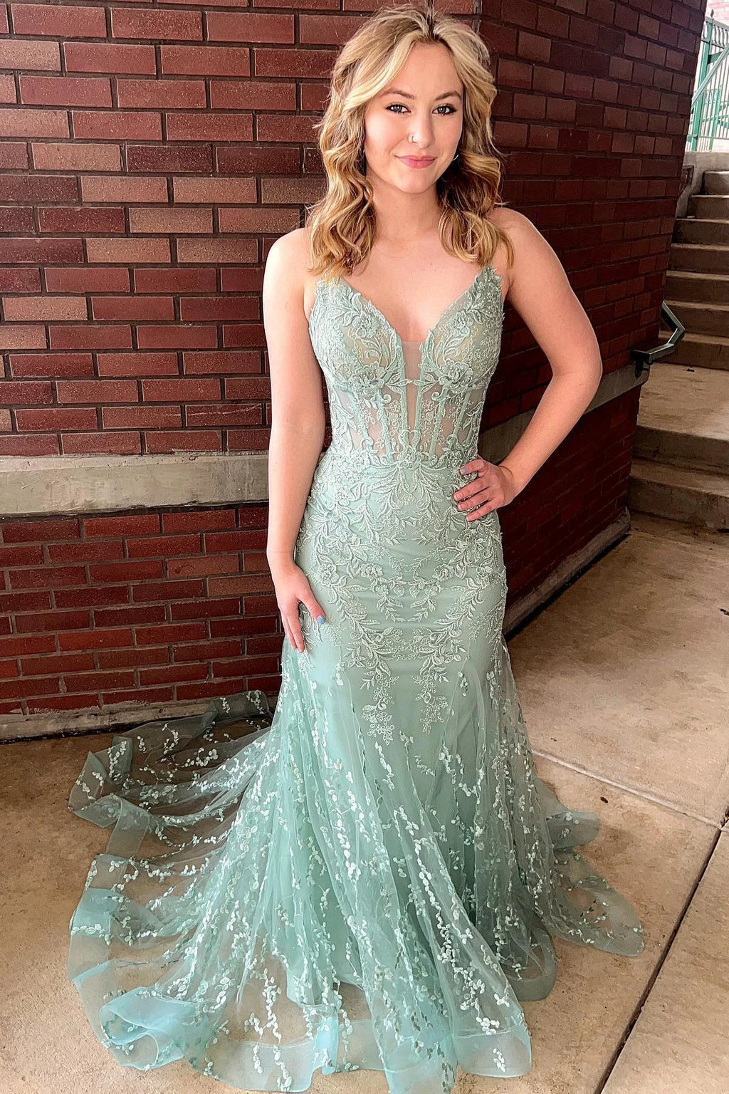 Lesha | Orange Lace Spaghetti Straps Mermaid Long Formal Dress by KissProm