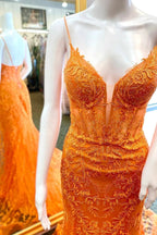 Lesha | Orange Lace Spaghetti Straps Mermaid Long Formal Dress by KissProm
