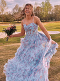 Leslie | A-Line Blue Floral Corset Tulle Ruffles Long Prom Dresses by KissProm