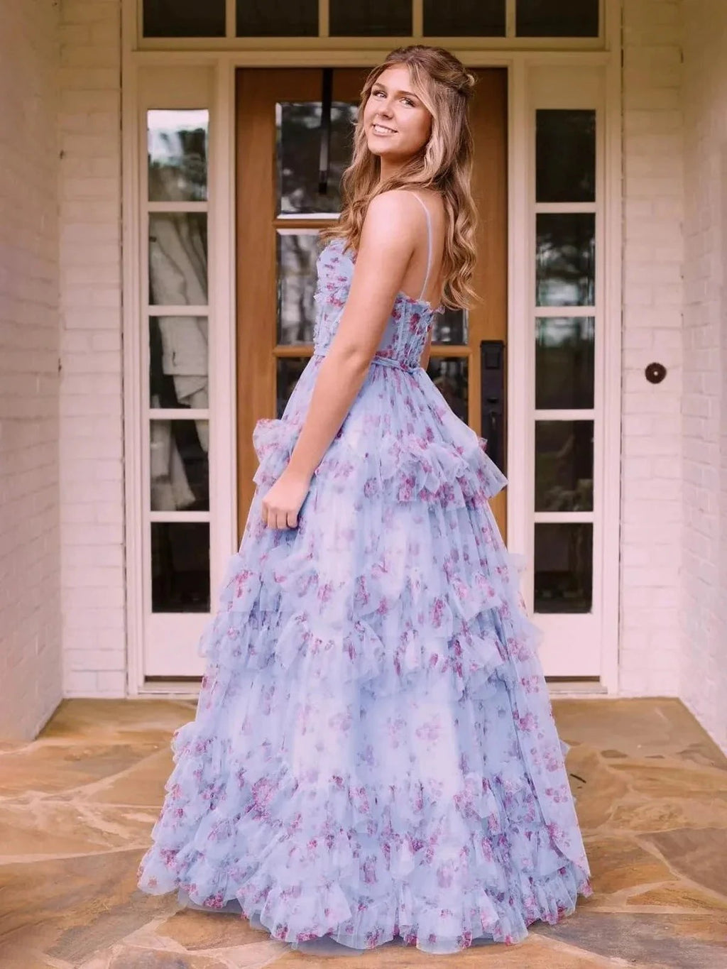 Leslie | A-Line Blue Floral Corset Tulle Ruffles Long Prom Dresses by KissProm