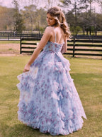 Leslie | A-Line Blue Floral Corset Tulle Ruffles Long Prom Dresses by KissProm