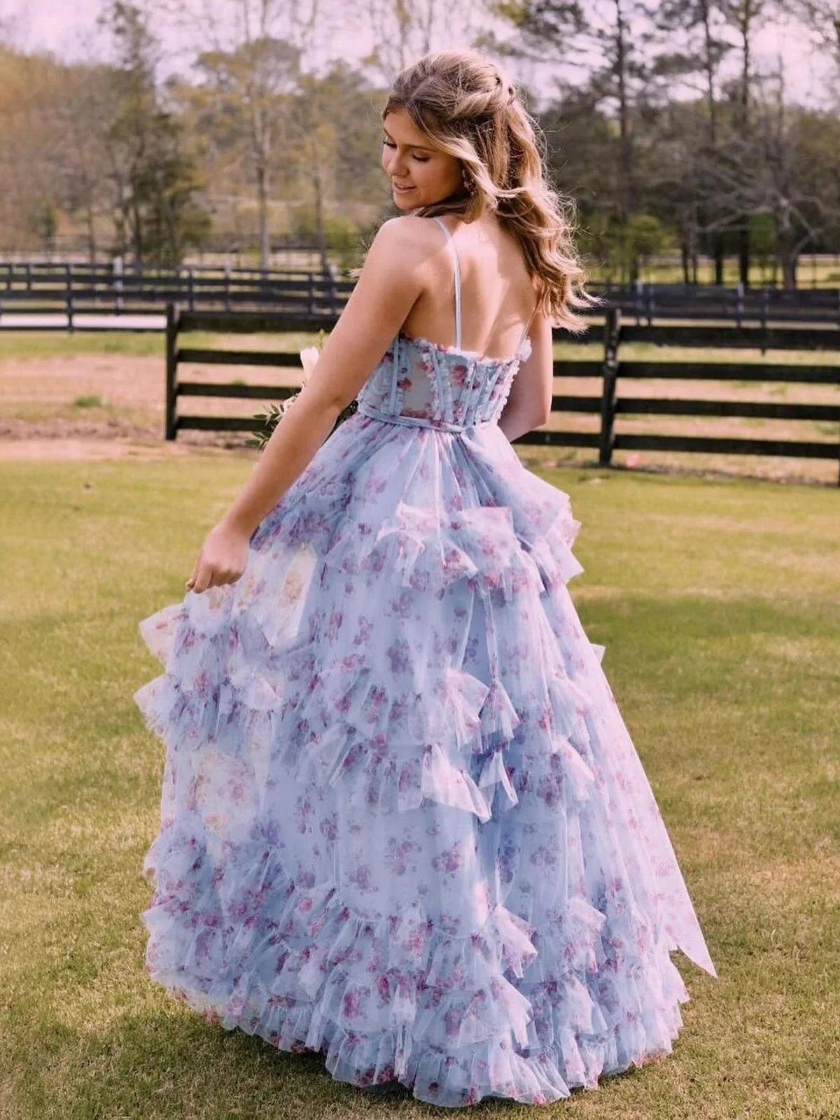 Leslie | A-Line Blue Floral Corset Tulle Ruffles Long Prom Dresses by KissProm