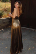 Leuare | Gold A-Line Spaghetti Straps V-Neck Metallic Long Prom Dress by KissProm