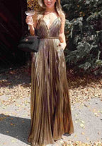 Leuare | Gold A-Line Spaghetti Straps V-Neck Metallic Long Prom Dress by KissProm