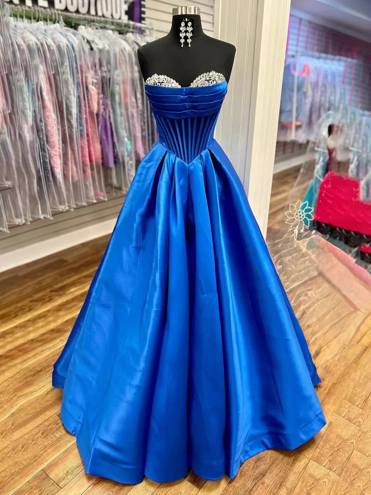 Liabelle | A-Line Beaded Sweetheart Royal Blue Satin Prom Dress by KissProm