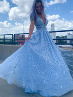 Light Blue Long A-line Deep V Neck Tulle Lace Prom Dress with Pockets by BIZTUNNEL
