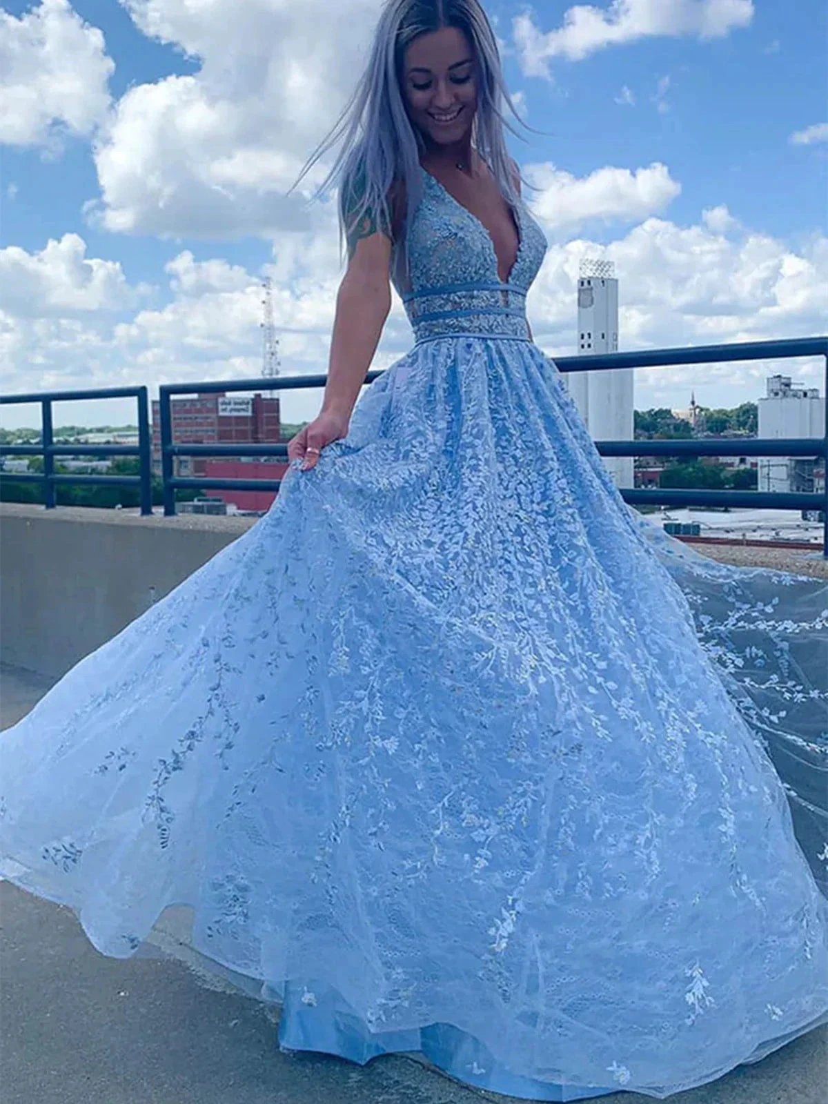 Light Blue Long A-line Deep V Neck Tulle Lace Prom Dress with Pockets by BIZTUNNEL
