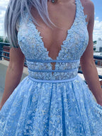 Light Blue Long A-line Deep V Neck Tulle Lace Prom Dress with Pockets by BIZTUNNEL
