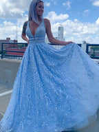 Light Blue Long A-line Deep V Neck Tulle Lace Prom Dress with Pockets by BIZTUNNEL