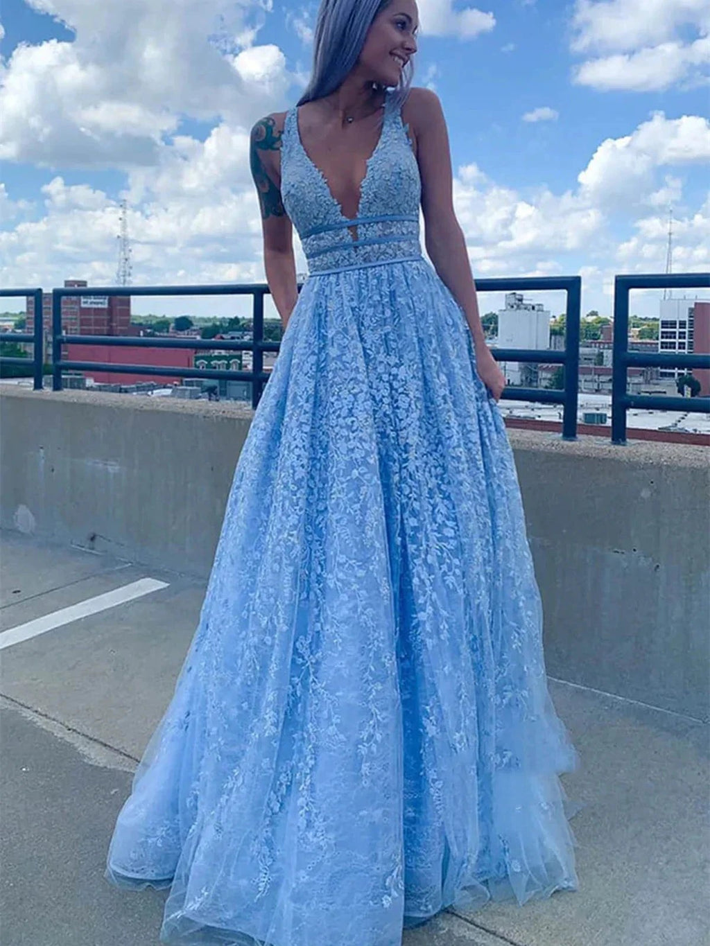 Light Blue Long A-line Deep V Neck Tulle Lace Prom Dress with Pockets by BIZTUNNEL