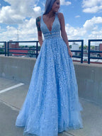 Light Blue Long A-line Deep V Neck Tulle Lace Prom Dress with Pockets by BIZTUNNEL