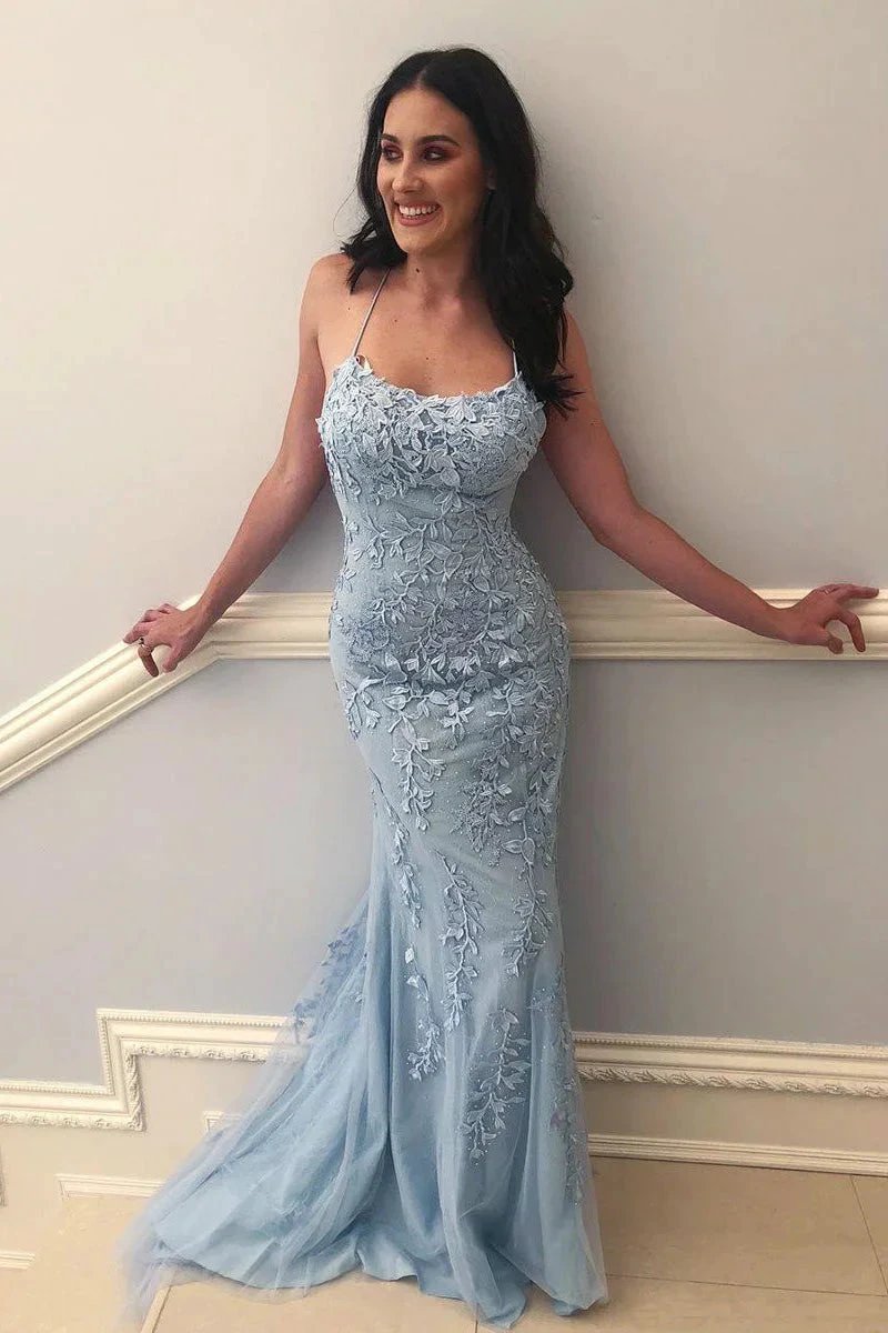 Light Blue Long Lace Open Back Mermaid Prom Dress by BIZTUNNEL