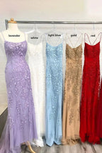 Light Blue Long Lace Open Back Mermaid Prom Dress by BIZTUNNEL
