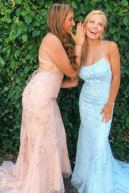 Light Blue Long Lace Open Back Mermaid Prom Dress by BIZTUNNEL