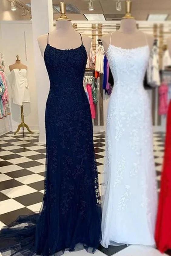 Light Blue Long Lace Open Back Mermaid Prom Dress by BIZTUNNEL