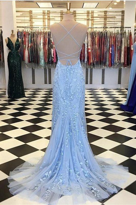 Light Blue Long Lace Open Back Mermaid Prom Dress by BIZTUNNEL