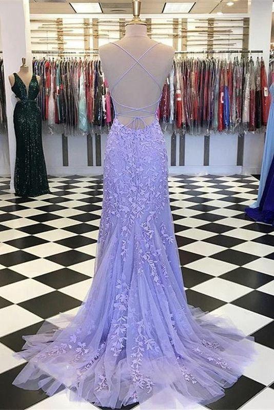 Light Blue Long Lace Open Back Mermaid Prom Dress by BIZTUNNEL