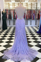 Light Blue Long Lace Open Back Mermaid Prom Dress by BIZTUNNEL