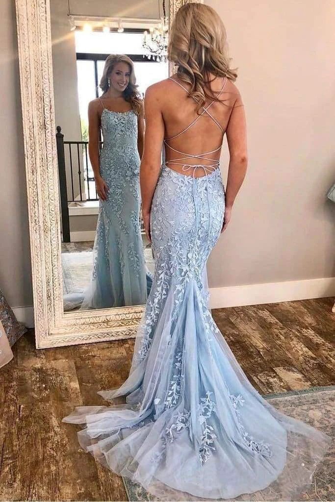 Light Blue Long Lace Open Back Mermaid Prom Dress by BIZTUNNEL