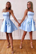 Light Blue Spaghetti Straps Bowknot A-Line Cute Homecoming Dresses PD396 by pgmdress
