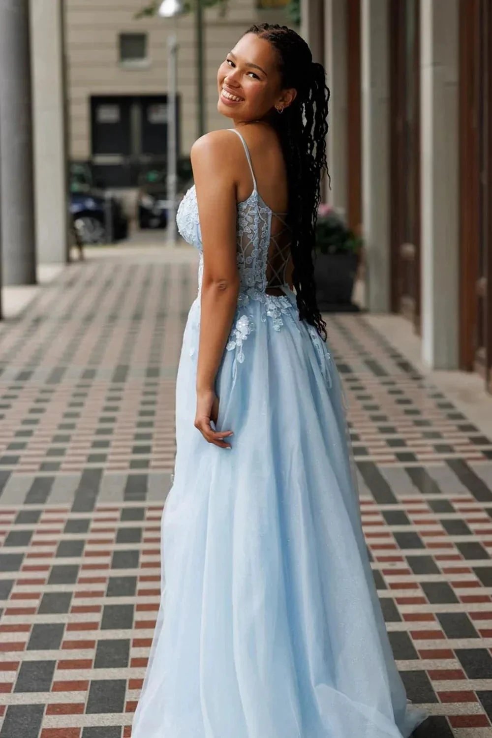 Bertram | A-Line Tulle Blue Long Corset Spaghetti Straps Prom Dress with Appliques by KissProm