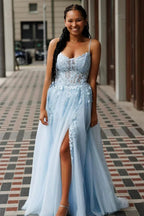 Bertram | A-Line Tulle Blue Long Corset Spaghetti Straps Prom Dress with Appliques by KissProm