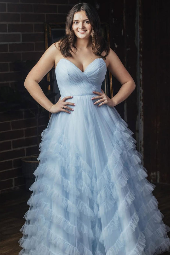 Light Blue Strapless Ruffle Long Prom Dress Main Image