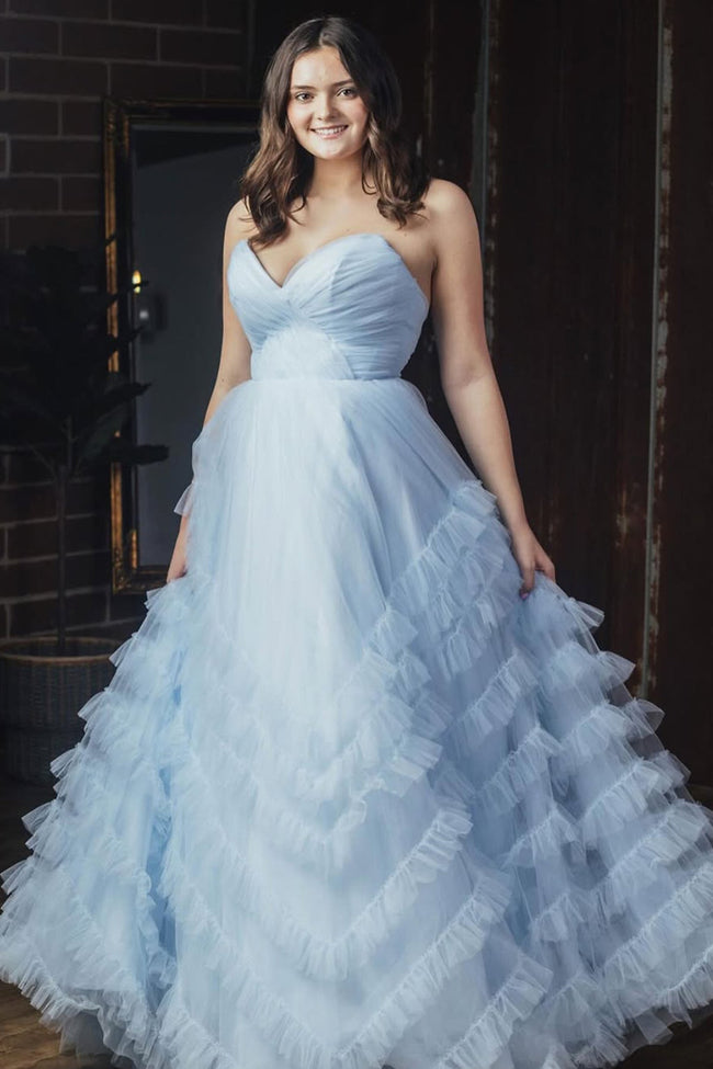 Light Blue Strapless Ruffle Long Prom Dress Hover Image