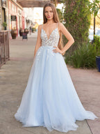 Cynthia | Light Blue V Neck Lace-Up Appliques Tulle Long Prom Dress by KissProm
