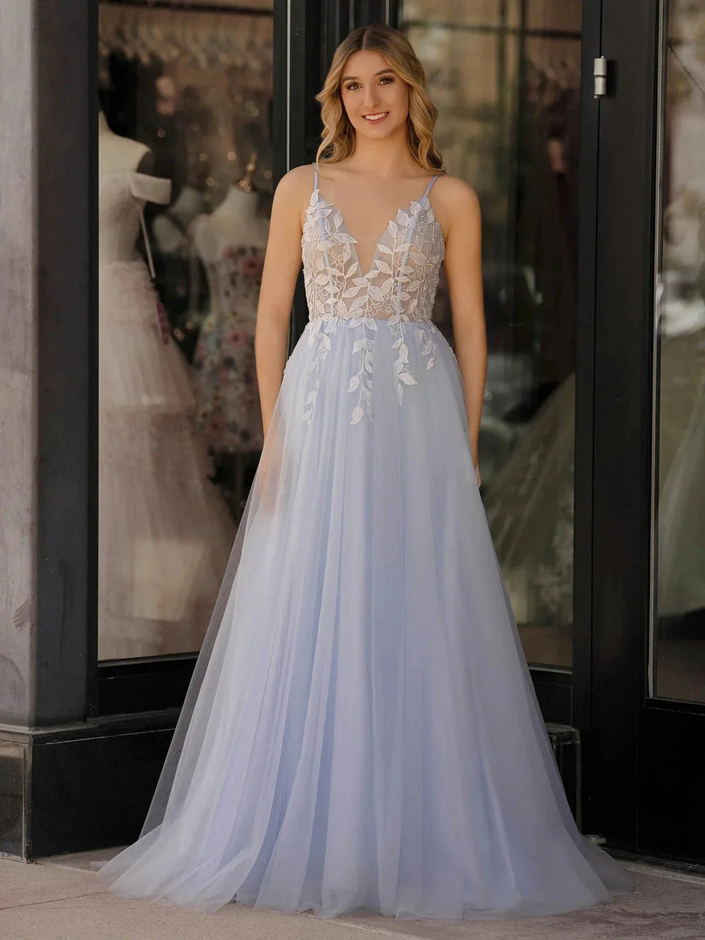 Cynthia | Light Blue V Neck Lace-Up Appliques Tulle Long Prom Dress by KissProm