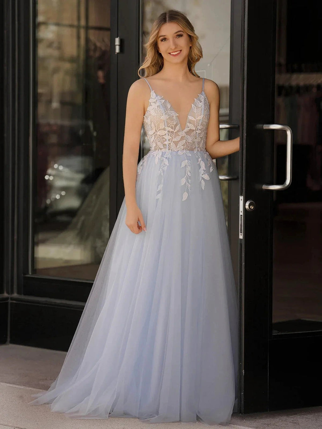 Cynthia | Light Blue V Neck Lace-Up Appliques Tulle Long Prom Dress by KissProm
