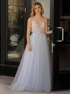 Cynthia | Light Blue V Neck Lace-Up Appliques Tulle Long Prom Dress by KissProm