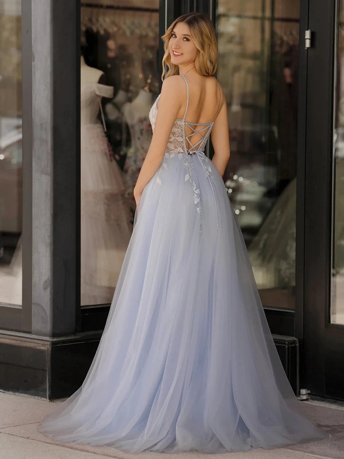 Cynthia | Light Blue V Neck Lace-Up Appliques Tulle Long Prom Dress by KissProm