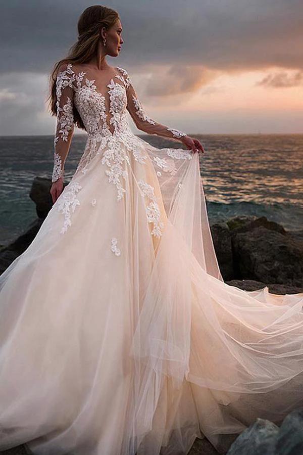 Ivory Tulle Beach Wedding Dress with Illusion Lace Long Sleeves WD532 by pgmdress