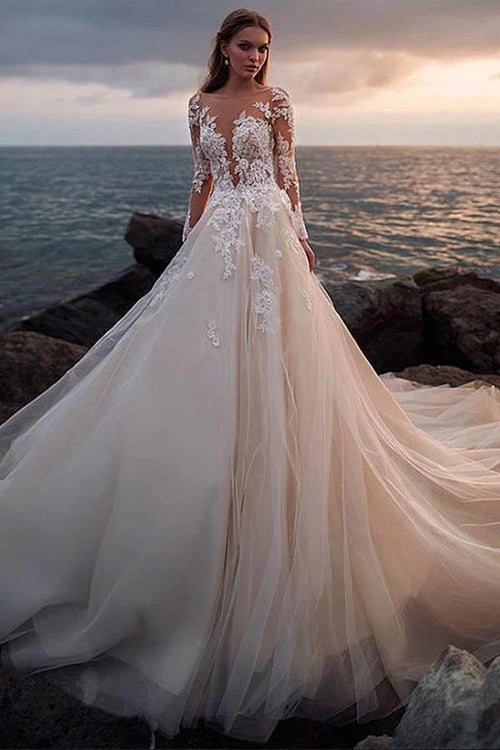 Ivory Tulle Beach Wedding Dress with Illusion Lace Long Sleeves WD532 by pgmdress