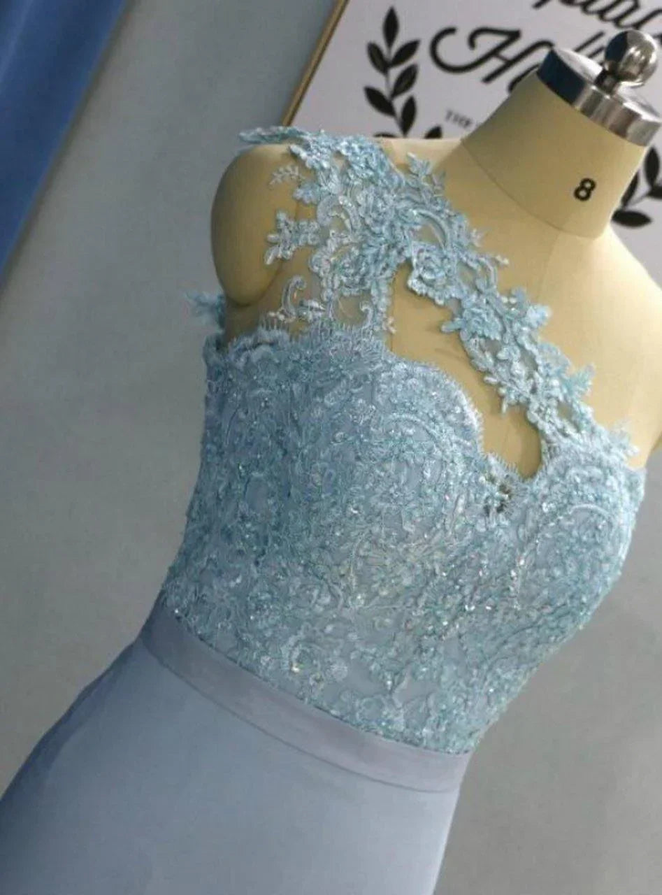 Vestido de fiesta azul cielo claro, corto, hasta la rodilla, con un solo hombro, PD276