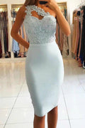 Vestido de fiesta azul cielo claro, corto, hasta la rodilla, con un solo hombro, PD276
