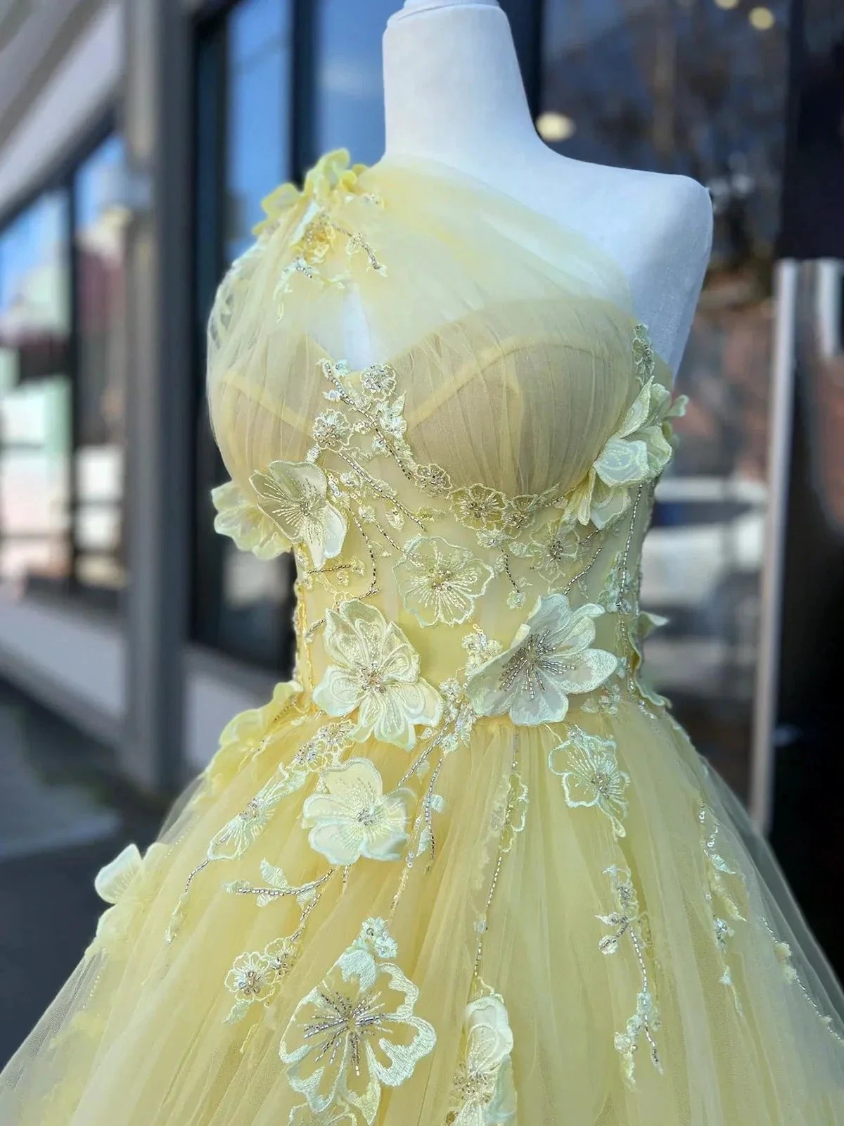 Jayna | Light Yellow One Shoulder 3D Appliques Beading Long Prom Dress with Slit by KissProm