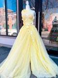 Jayna | Light Yellow One Shoulder 3D Appliques Beading Long Prom Dress with Slit by KissProm